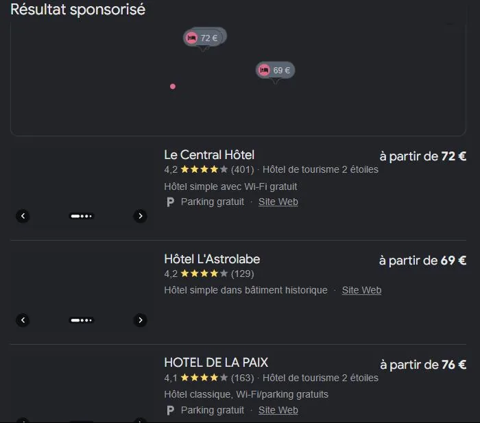 Module hôtels de Google pour « hôtel Oloron-Sainte-Marie » : les hôtels de la ville affichés avec notes et prix. Relevé de juillet 2026.