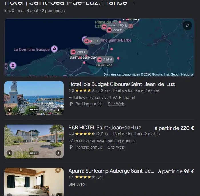Module hôtels de Google pour « hôtel Saint-Jean-de-Luz » : les hôtels de la ville affichés avec notes et prix. Relevé de juillet 2026.